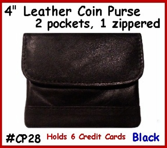 BLACK LEATHER 2 pocket Credit Card & zipper COIN Purse  